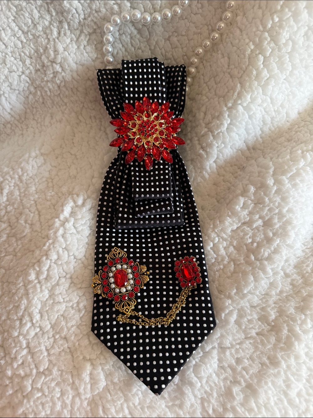 Pearl Chain Necklace with Red Crystal Brooch on Black Polka Ribbon